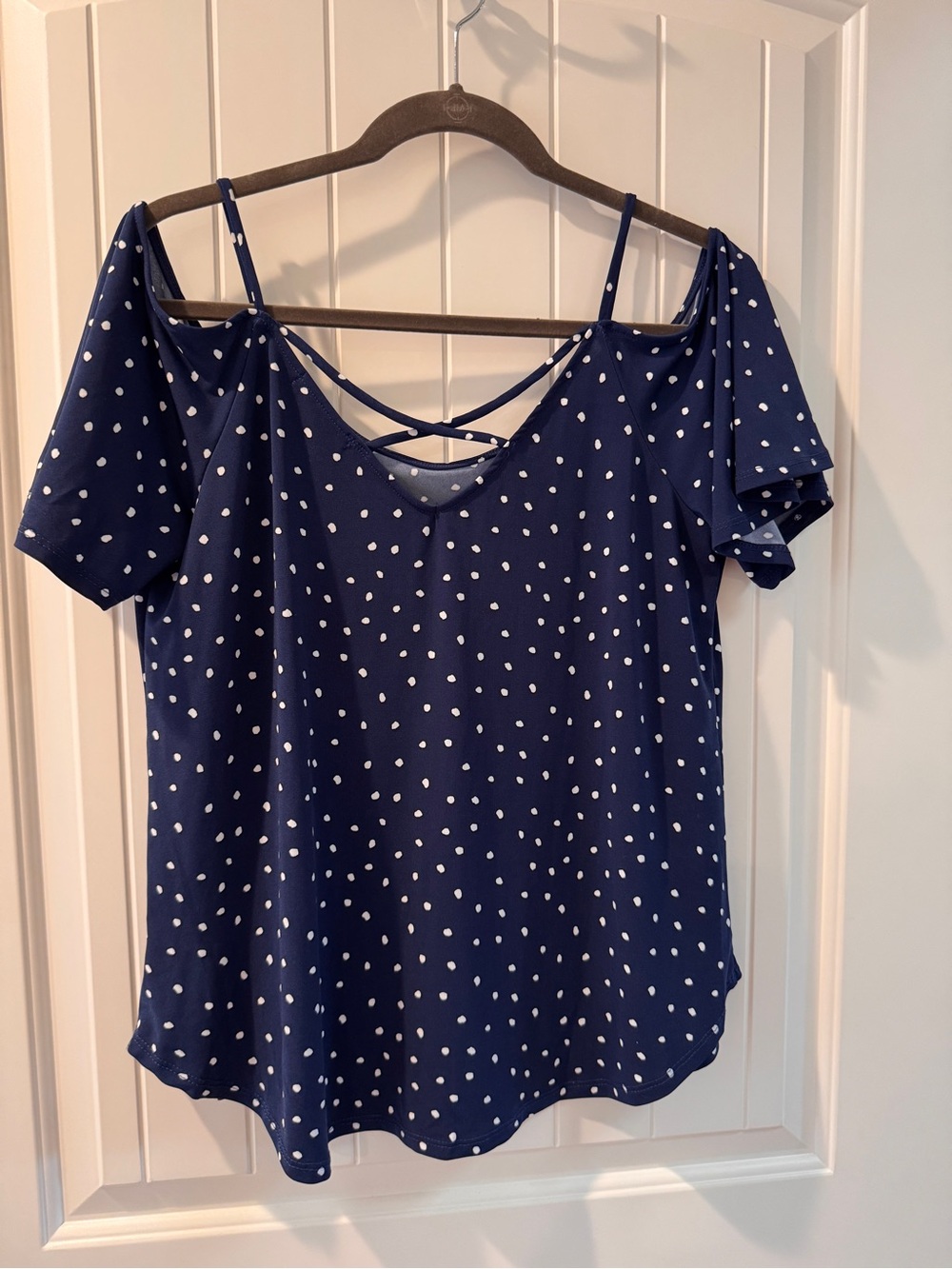 Kaileigh Navy & White Polka Dot Cold-Shoulder Top